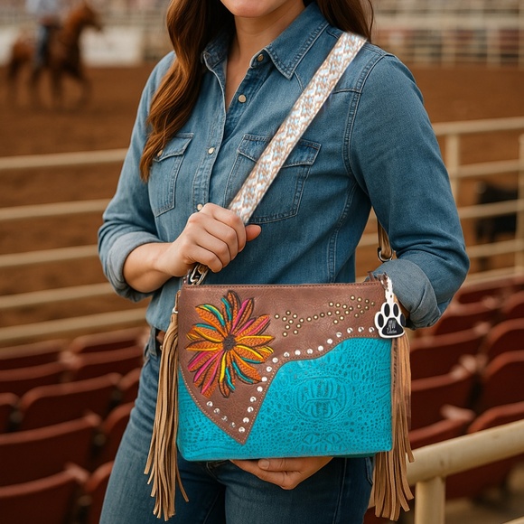 HW Collection Handbags - Western Fringe Crossbody Purse Flower Vegan Boho Bags Women Cowgirl Handbags